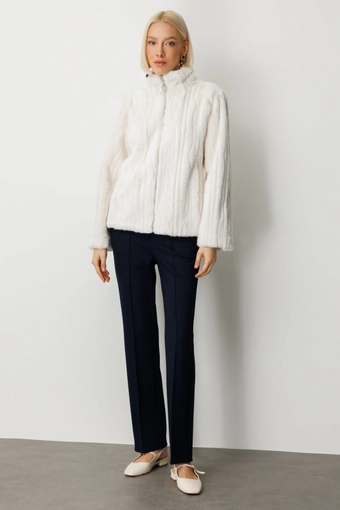 EKOL Çizgili Peluş Mont 8009 - EKRU