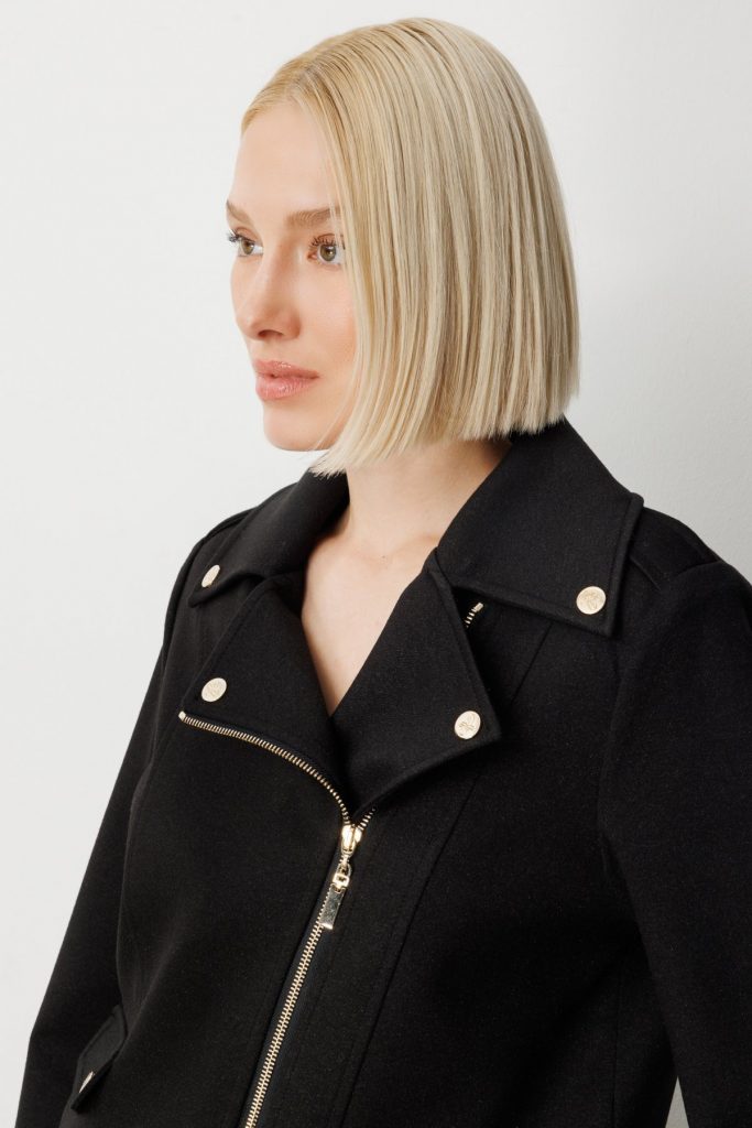 EKOL Kadın Simli Kumaş Süs Kapak Cepli Mont  8013 - Siyah