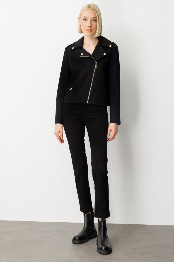 EKOL Kadın Simli Kumaş Süs Kapak Cepli Mont  8013 - Siyah