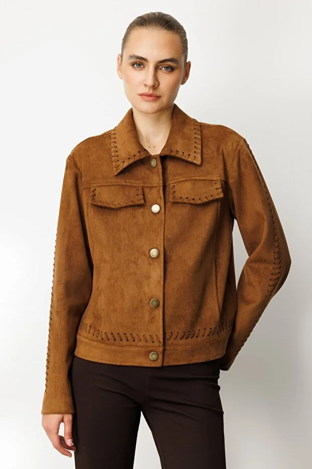 EKOL Çıtçıtlı Süet Mont 8015 - taba