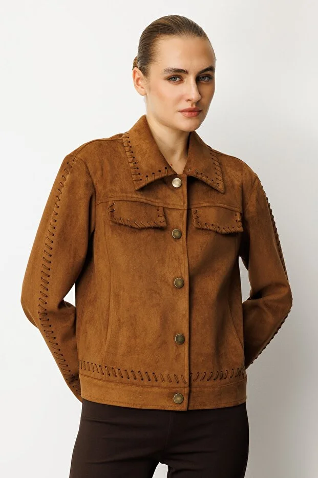 EKOL Çıtçıtlı Süet Mont 8015 - taba