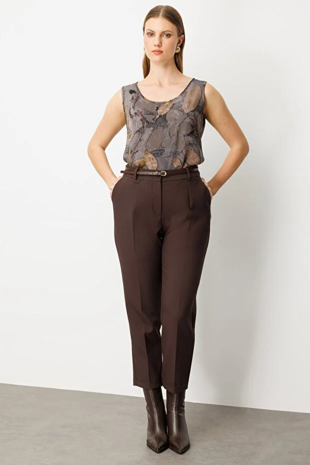 EKOL Beli Kemerli Bol Paça Pantolon 1005 - kahve