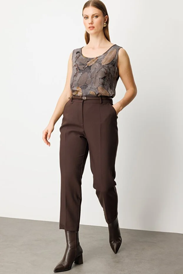 EKOL Beli Kemerli Bol Paça Pantolon 1005 - kahve