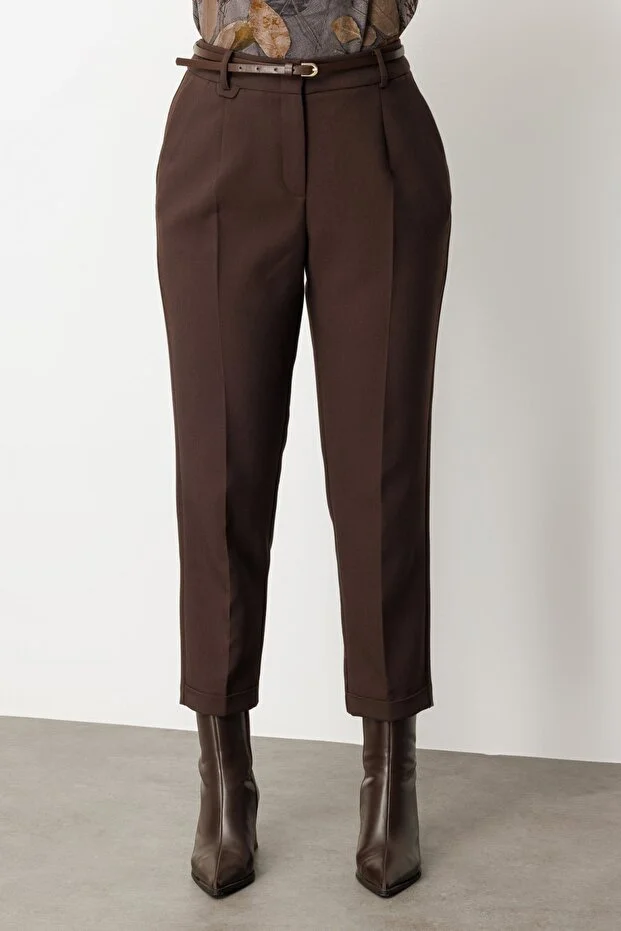 EKOL Beli Kemerli Bol Paça Pantolon 1005 - kahve