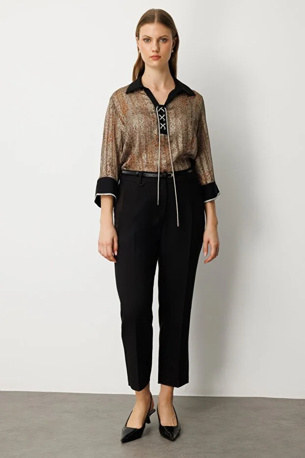 EKOL Beli Kemerli Bol Paça Pantolon 1005 - Siyah