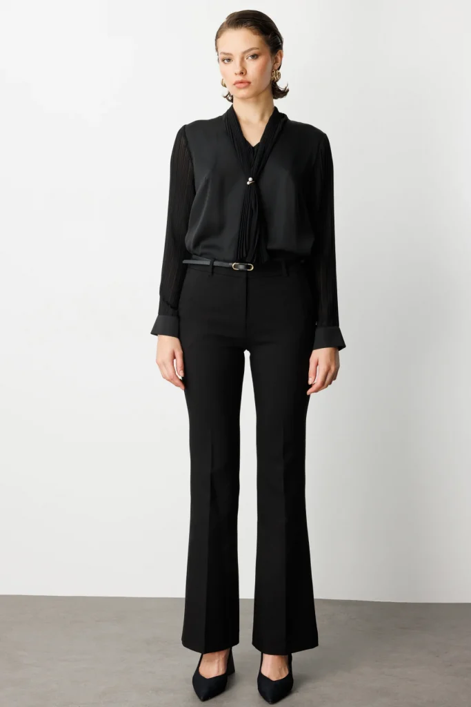 EKOL Beli Kemerli İspanyol Paça Pantolon 1011 - Siyah