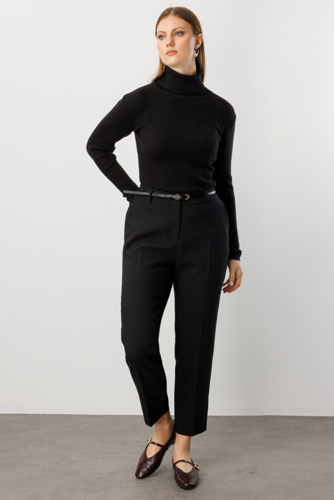 EKOL Beli Kemerli Dar Paça Pantolon 1015 - Siyah