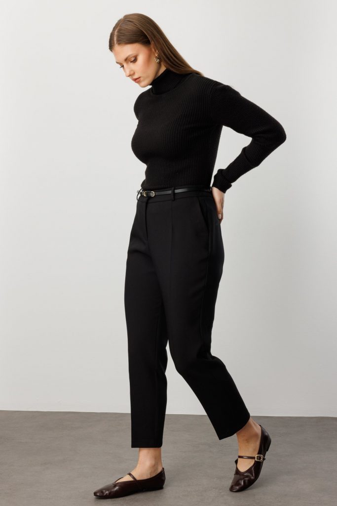 EKOL Beli Kemerli Dar Paça Pantolon 1015 - Siyah