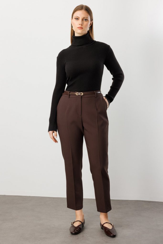 EKOL Beli Kemerli Dar Paça Pantolon 1015 - kahve