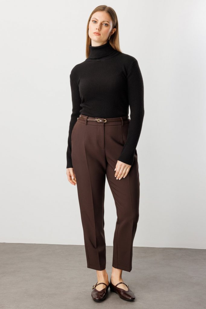 EKOL Beli Kemerli Dar Paça Pantolon 1015 - kahve