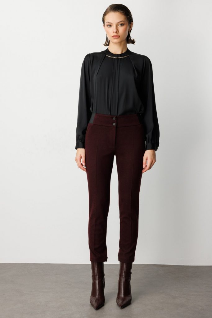 EKOL Çift Düğmeli Dar Paça Pantolon 1017 - bordo