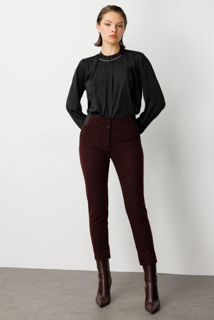 EKOL Çift Düğmeli Dar Paça Pantolon 1017 - bordo