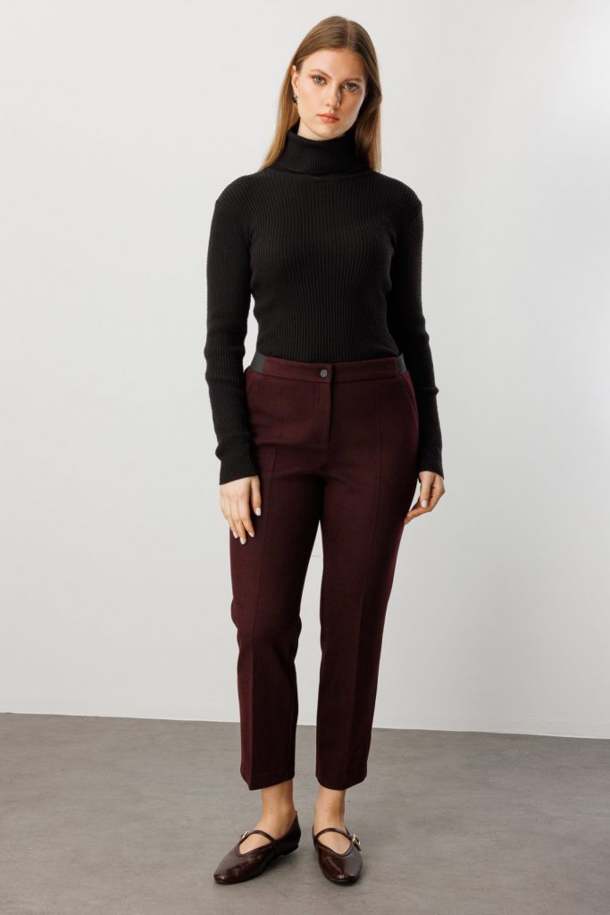 EKOL Beli Kalın Lastikli Dar Paça Pantolon 1019 - bordo