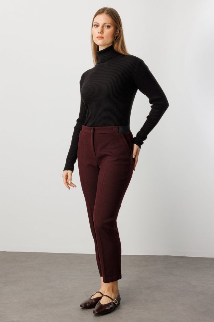 EKOL Beli Kalın Lastikli Dar Paça Pantolon 1019 - bordo