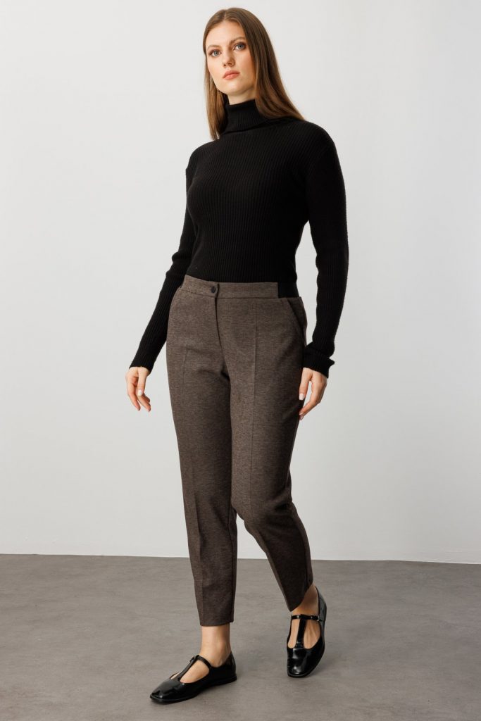 EKOL Beli Kalın Lastikli Dar Paça Pantolon 1019 - kahve