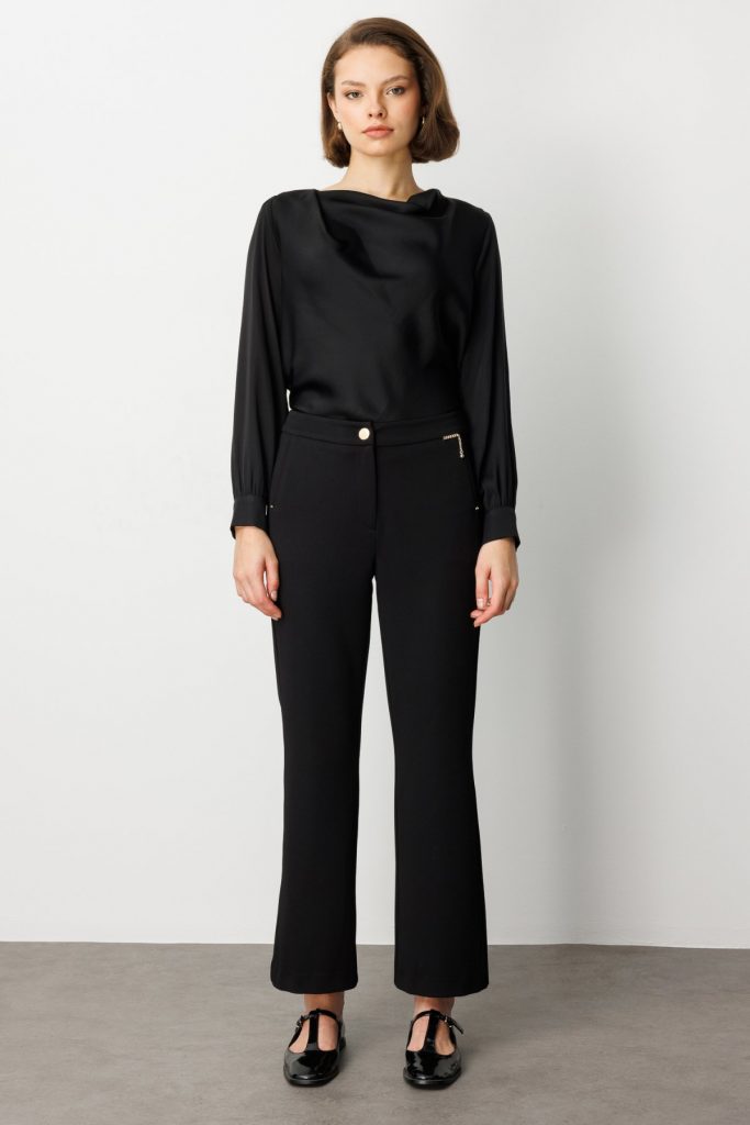 EKOL Zincir Aksesuarlı Bol Paça Pantolon 1021 - Siyah