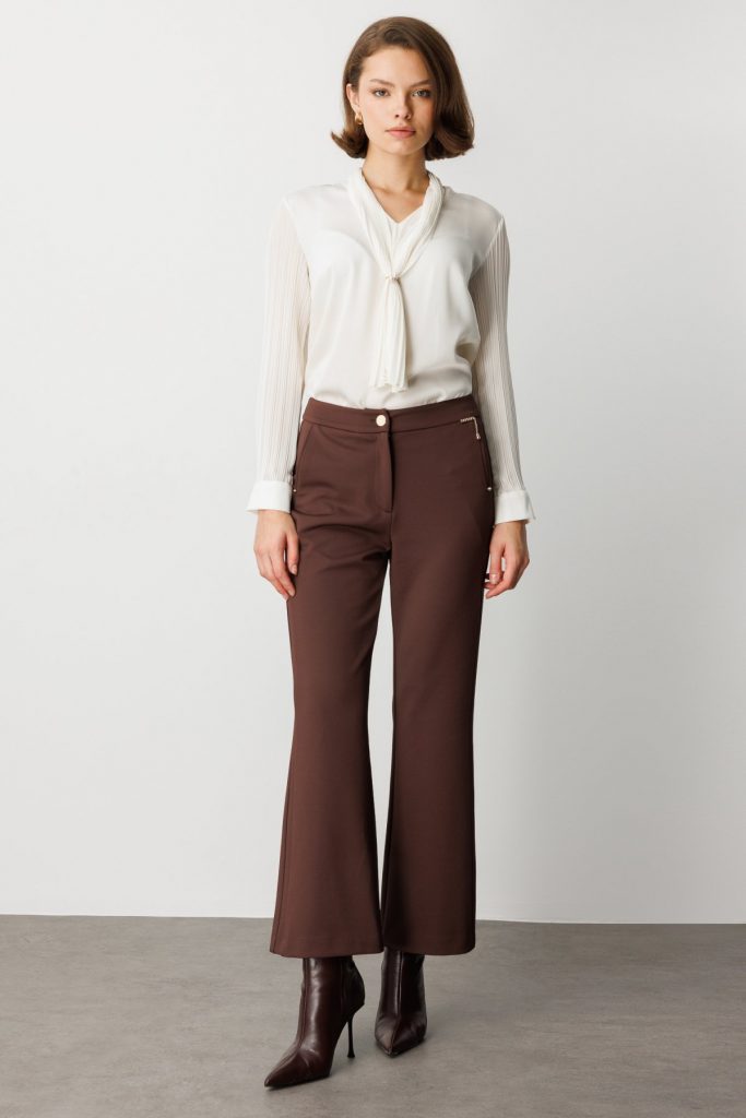 EKOL Zincir Aksesuarlı Bol Paça Pantolon 1021 - kahve