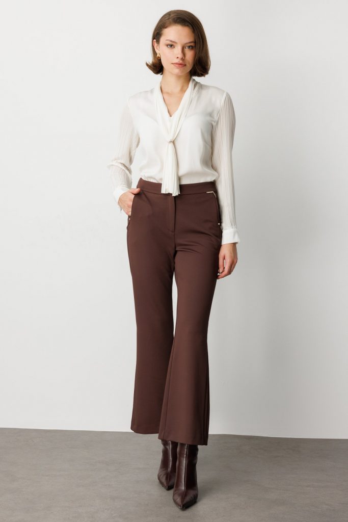 EKOL Zincir Aksesuarlı Bol Paça Pantolon 1021 - kahve