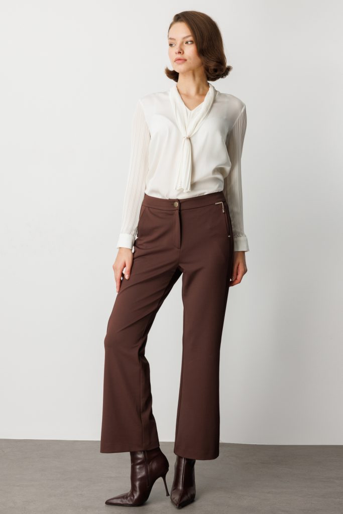 EKOL Zincir Aksesuarlı Bol Paça Pantolon 1021 - kahve