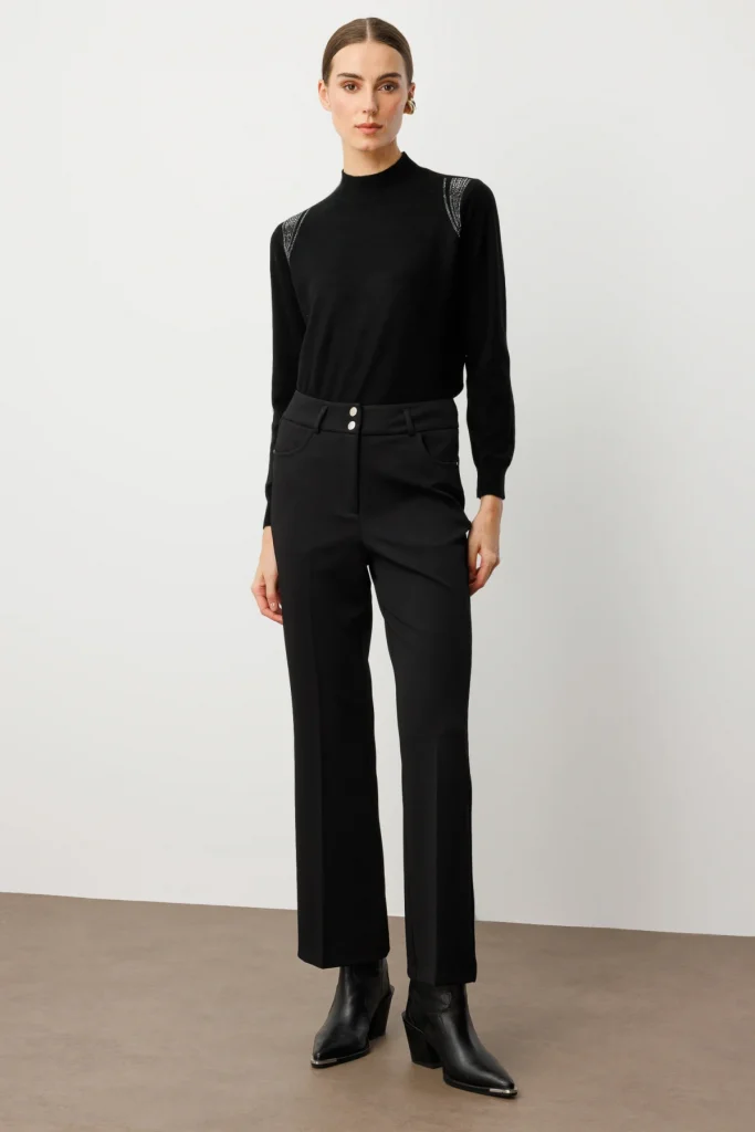 EKOL Yüksek Bel İspanyol Paça Pantolon 1023 - Siyah