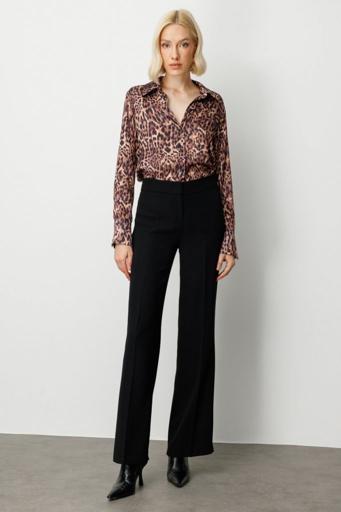 EKOL Kadın Krep Kumaş Bol Paça Pantolon 1031 - Siyah