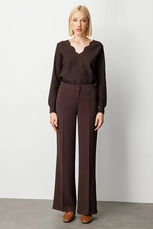 EKOL Kadın Krep Kumaş Bol Paça Pantolon 1031 - kahve