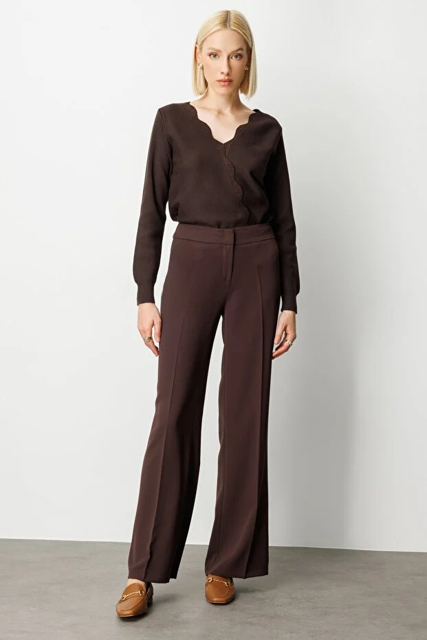 EKOL Kadın Krep Kumaş Bol Paça Pantolon 1031 - kahve