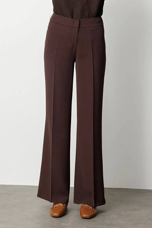 EKOL Kadın Krep Kumaş Bol Paça Pantolon 1031 - kahve