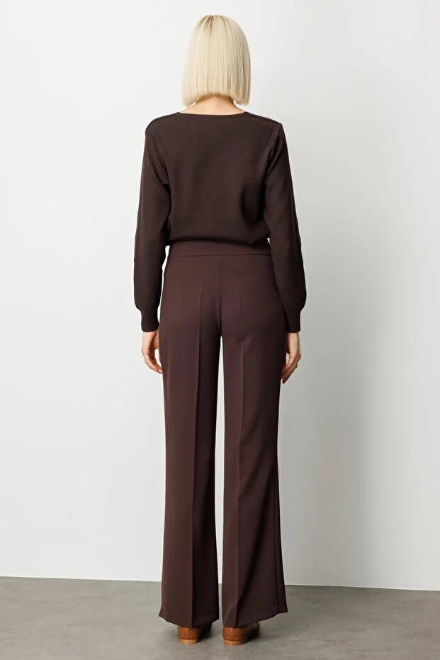 EKOL Kadın Krep Kumaş Bol Paça Pantolon 1031 - kahve
