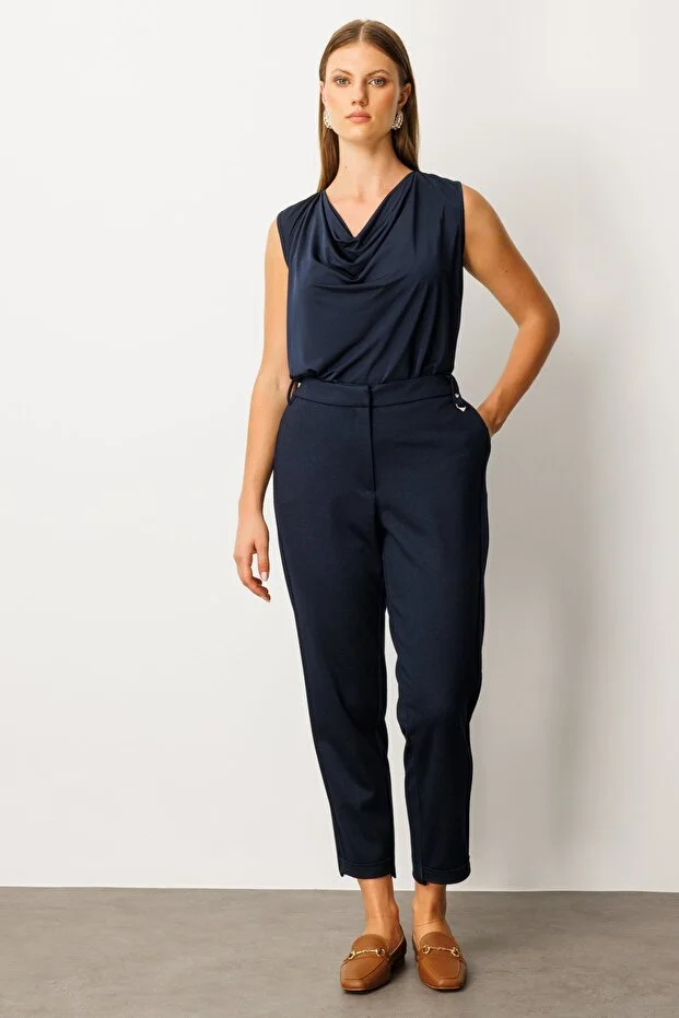 EKOL Beli Lastikli Aksesuar Detaylı Pantolon 1043 - Lacivert