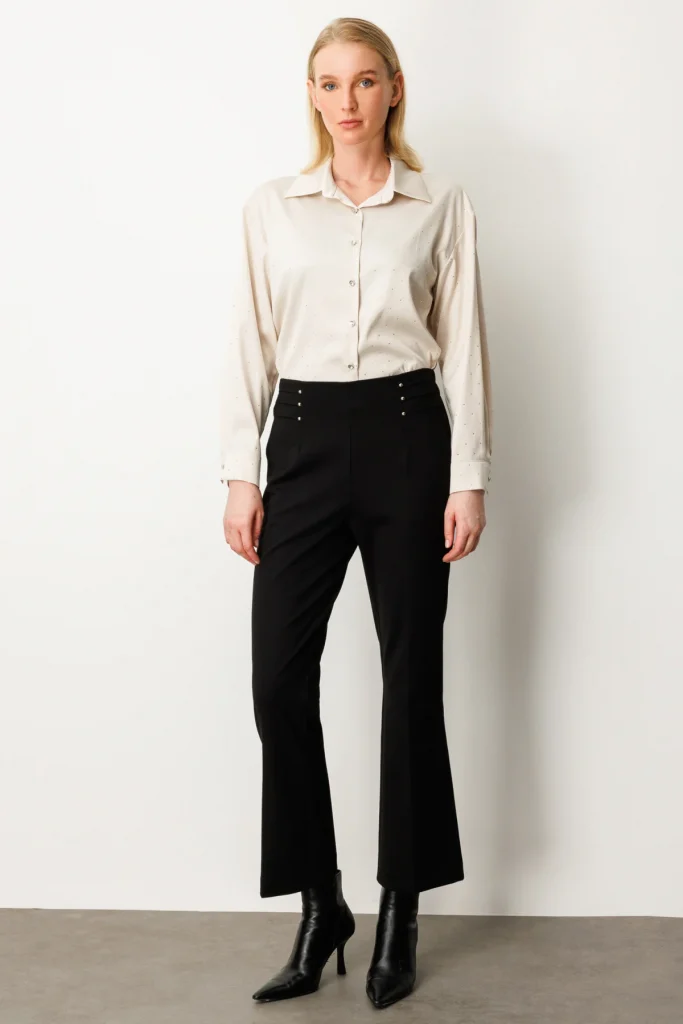 EKOL Boncuk Detaylı İspanyol Paça Kadın Pantolon 1083 - Siyah