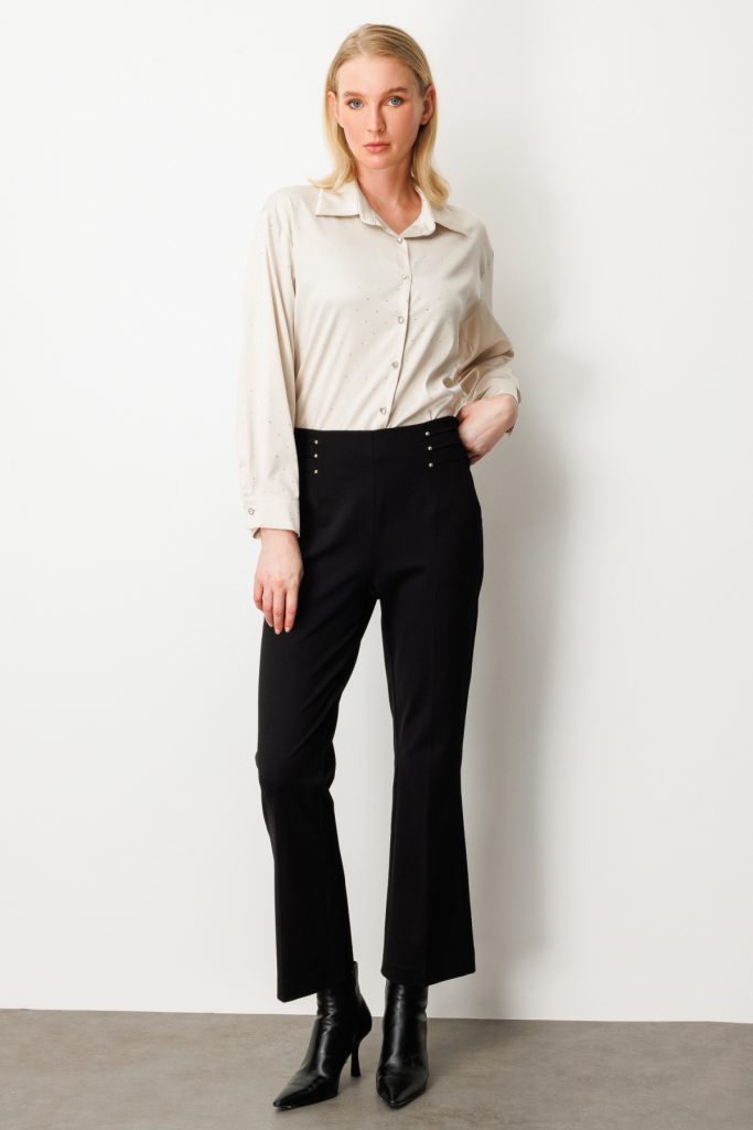 EKOL Boncuk Detaylı İspanyol Paça Kadın Pantolon 1083 - Siyah