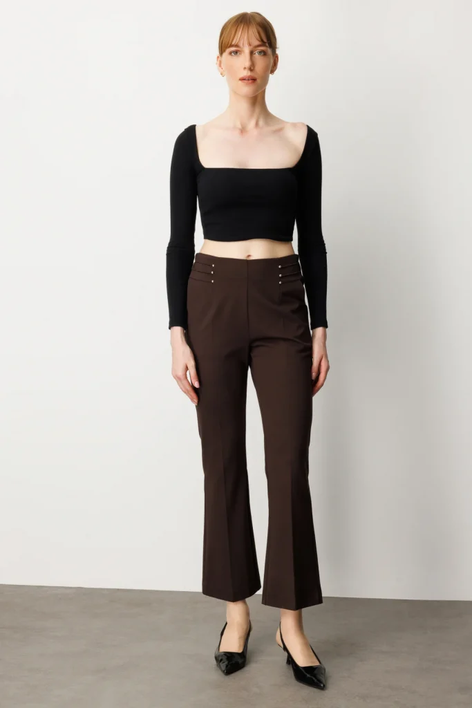 EKOL Boncuk Detaylı İspanyol Paça Kadın Pantolon 1083 - kahve