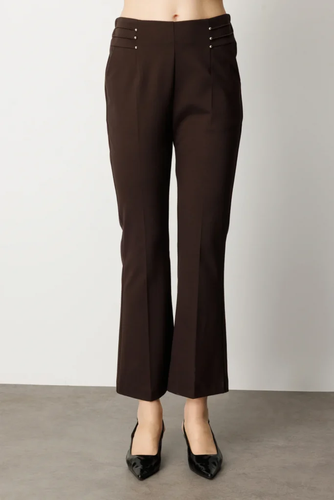 EKOL Boncuk Detaylı İspanyol Paça Kadın Pantolon 1083 - kahve