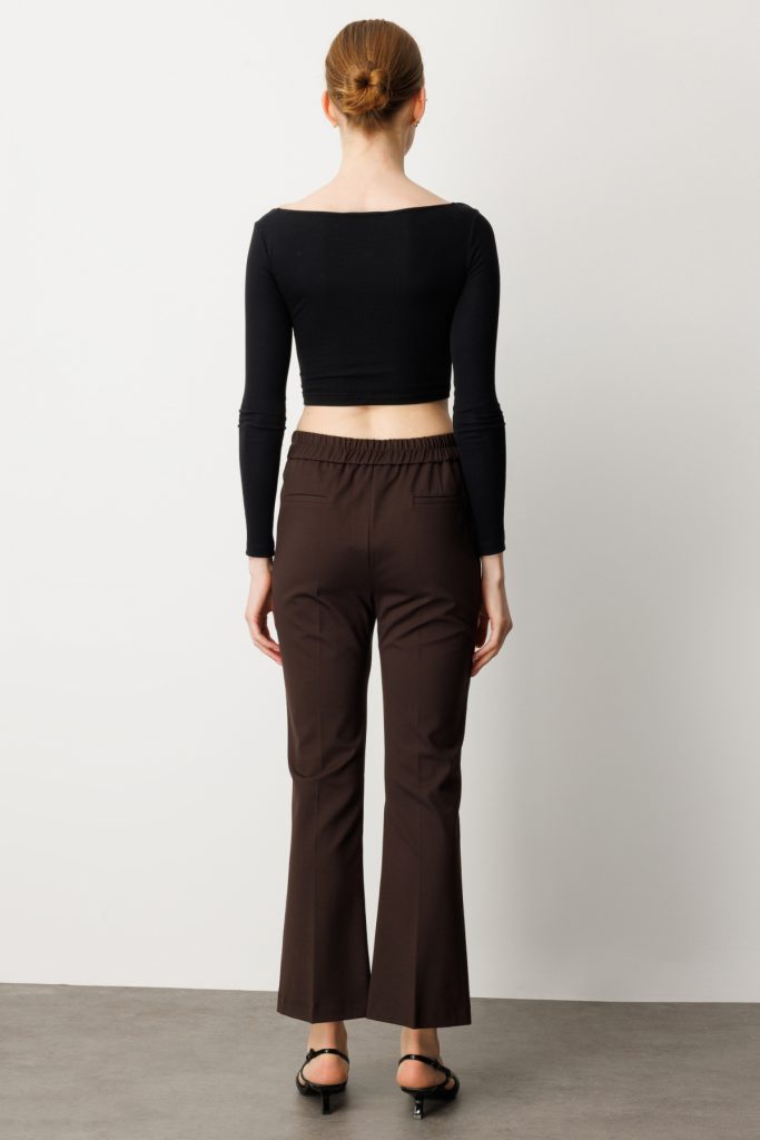 EKOL Boncuk Detaylı İspanyol Paça Kadın Pantolon 1083 - kahve