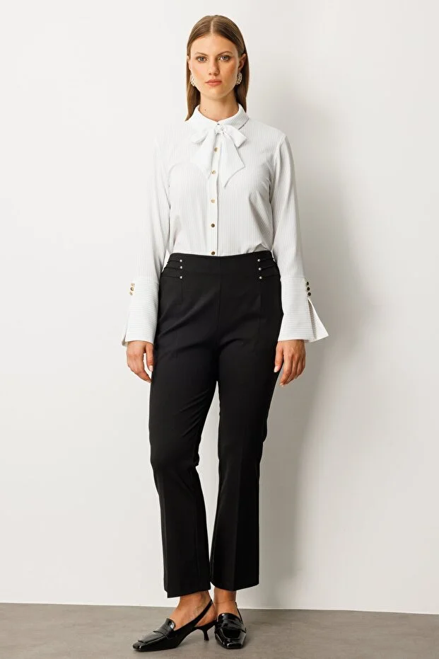 EKOL Beli Lastikli Boncuk Detaylı Pantolon 1085 - Siyah