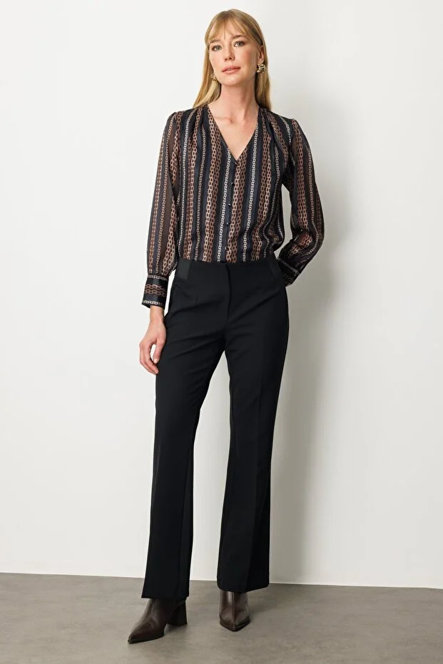 EKOL Kadın Beli Kalın Lastikli İspanyol Paça Pantolon 1105