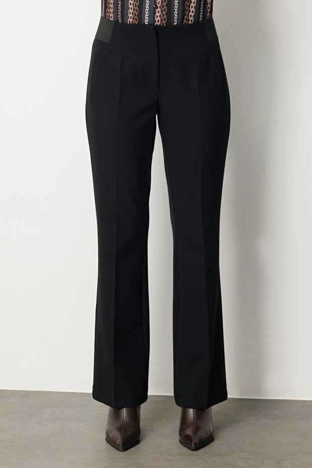 EKOL Kadın Beli Kalın Lastikli İspanyol Paça Pantolon 1105 - Siyah