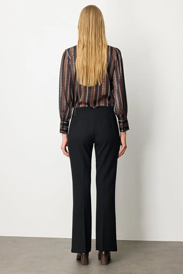 EKOL Kadın Beli Kalın Lastikli İspanyol Paça Pantolon 1105 - Siyah