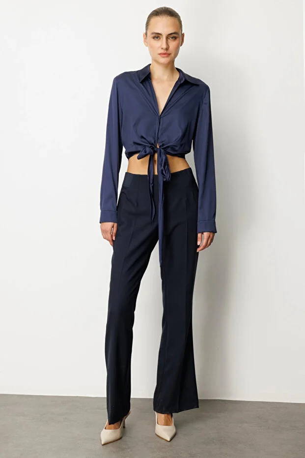 EKOL Kadın Beli Kalın Lastikli İspanyol Paça Pantolon 1105 - Lacivert