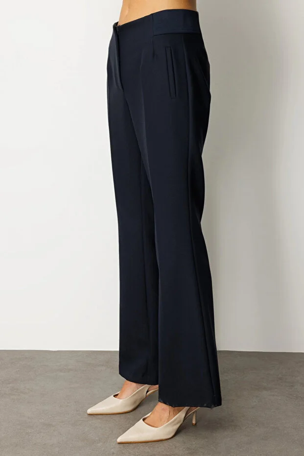 EKOL Kadın Beli Kalın Lastikli İspanyol Paça Pantolon 1105 - Lacivert