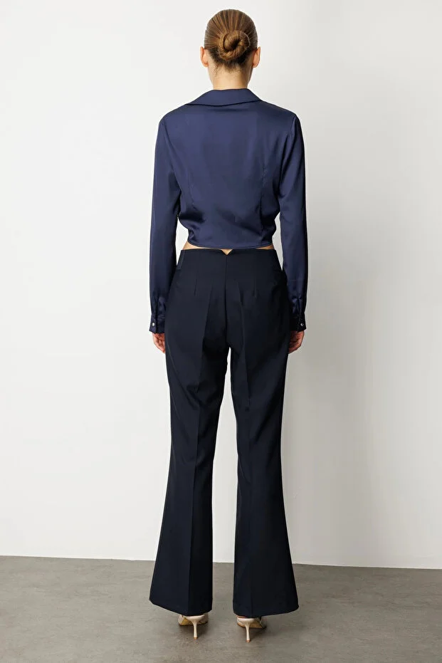 EKOL Kadın Beli Kalın Lastikli İspanyol Paça Pantolon 1105 - Lacivert