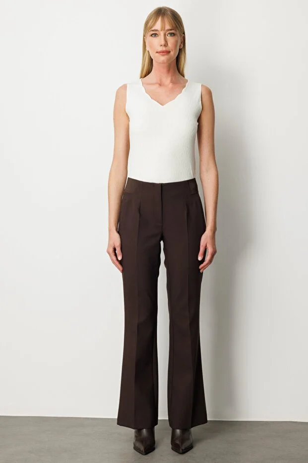 EKOL Kadın Beli Kalın Lastikli İspanyol Paça Pantolon 1105 - kahve