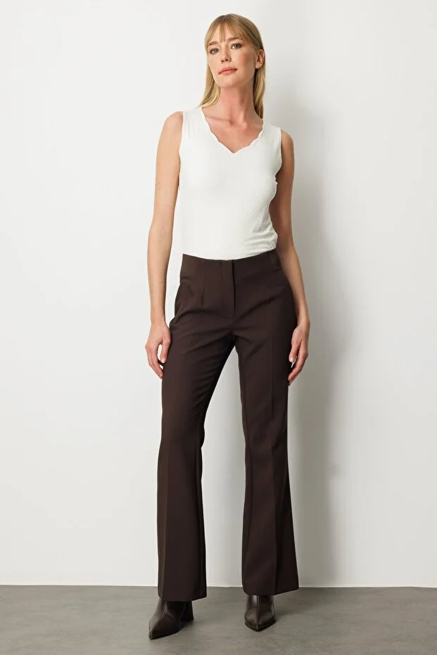 EKOL Kadın Beli Kalın Lastikli İspanyol Paça Pantolon 1105 - kahve