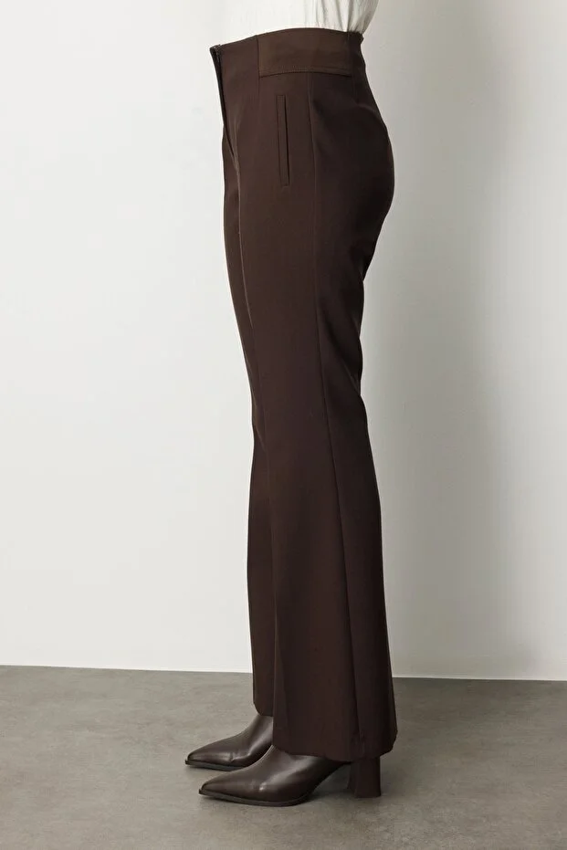 EKOL Kadın Beli Kalın Lastikli İspanyol Paça Pantolon 1105 - kahve