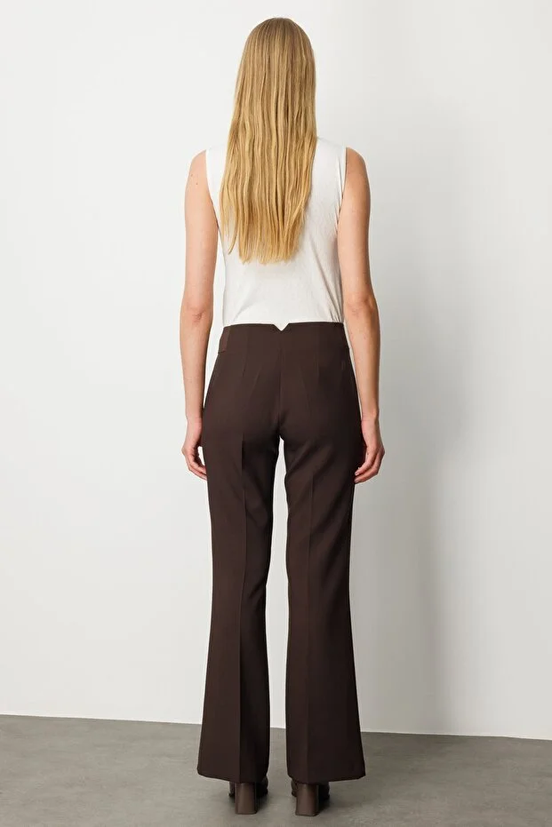 EKOL Kadın Beli Kalın Lastikli İspanyol Paça Pantolon 1105 - kahve