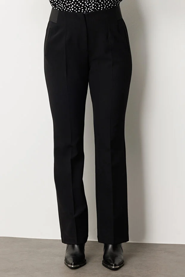 EKOL Kadın Büyük Beden Beli Kalın Lastikli İspanyol Paça Pantolon 1107 - Siyah