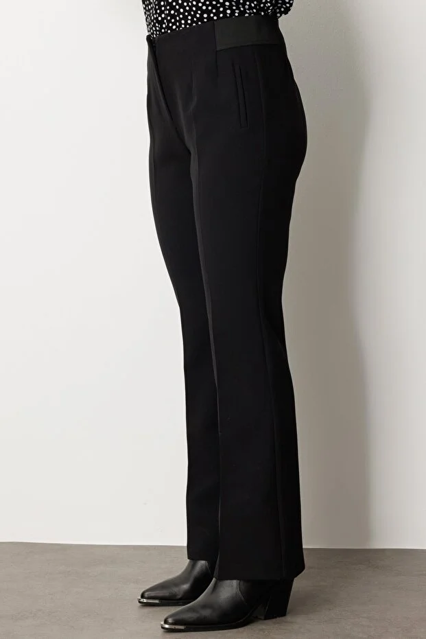 EKOL Kadın Büyük Beden Beli Kalın Lastikli İspanyol Paça Pantolon 1107 - Siyah