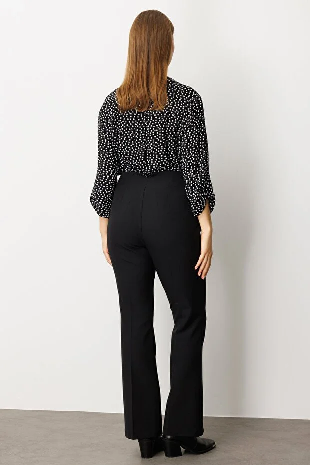 EKOL Kadın Büyük Beden Beli Kalın Lastikli İspanyol Paça Pantolon 1107 - Siyah