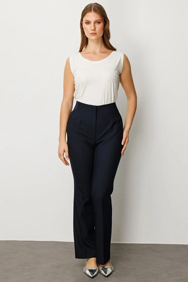 EKOL Kadın Büyük Beden Beli Kalın Lastikli İspanyol Paça Pantolon 1107 - Lacivert